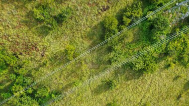 Yeşil alan kırsalındaki havadan yüksek voltajlı çelik elektrik direkleri. Güç iletim hatları üzerinde uçuş. Elektrik kulesi hattı, gün ışığı, yaz günü