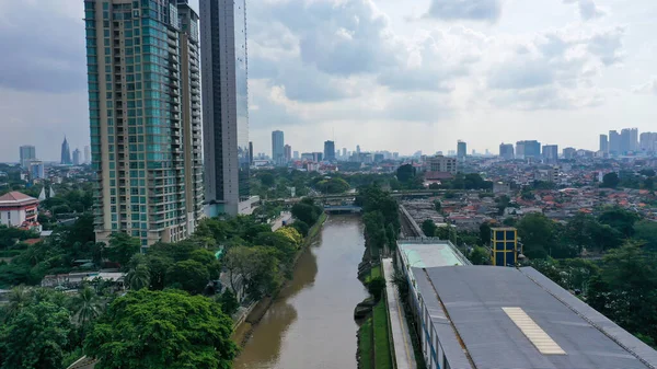 Aerial View Jakarta City Urban Buildings River Morning Time — Stock Fotó