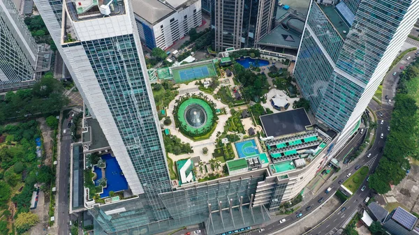 Top View of a city by Drone. Tall buildings in Jakarta city.