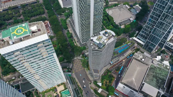 Top View of a city by Drone. Tall buildings in Jakarta city.