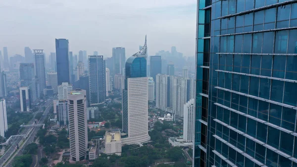 Beautiful Aerial View Misty Morning Covered Skyscrapers Housing Jakarta City — Stock Photo, Image