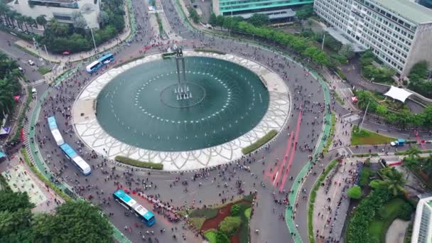 Luchtfoto Van Car Free Day Hotel Indonesia Roundabout Centraal Jakarta — Stockvideo