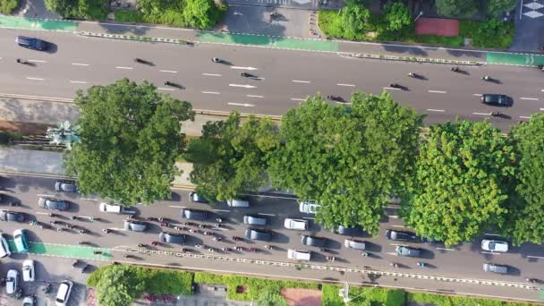 Aerial Top Jakarta Hectic Traffic Peak Hour Motorcycles Cars Road — Stock Video