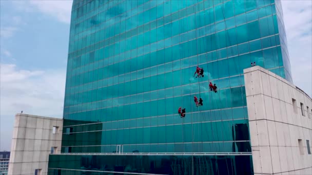 Ipari Mászók Modern Felhőkarcoló Ablakait Mossák Kék Tónusú Kép — Stock videók