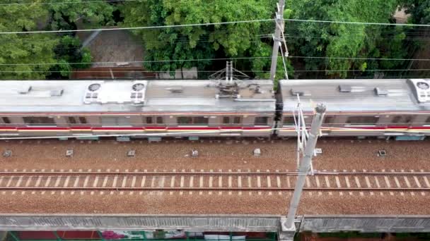 Red Silver Highspeed Train Jakarta Aerial Top View — Stock Video