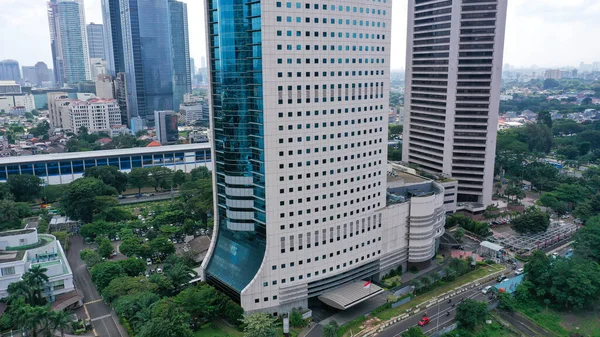 Vista Aérea Vidrio Azul Moderno Edificio Gran Altura Distrito Financiero — Foto de Stock