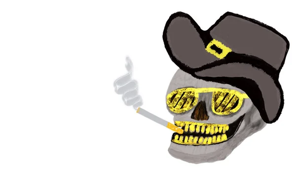 Sorriso Denti Dorati Teschio Con Cappello Cowboy Occhiali Oro — Foto Stock