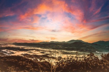 Sis denizi, renkli kahverengi, turuncu gökyüzü sabah güneşinin arka planında.
