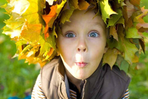 Emotional boy in a wreath from autumn leaves — Stock Photo, Image