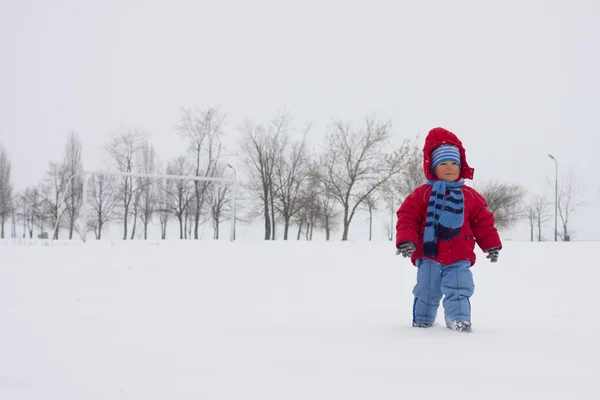 O pequeno rapaz no inverno em neve — Fotografia de Stock