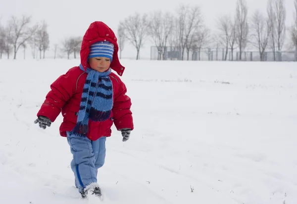 Liten pojke går på snö — Stockfoto