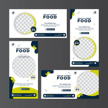 Yemek menüsü promosyonunun afişi. Turuncu renk arkaplanı ve sıvı şekiller