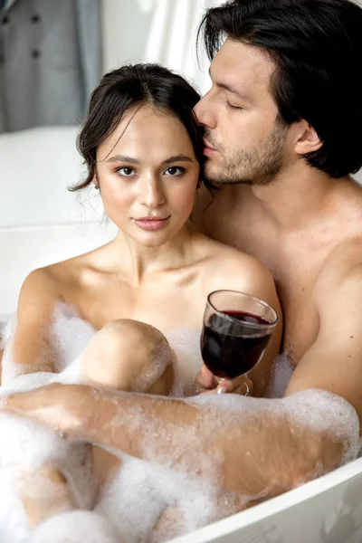 Couple Kissing Bathtub Intimate Couple Spending Nice Time Home — Stok fotoğraf