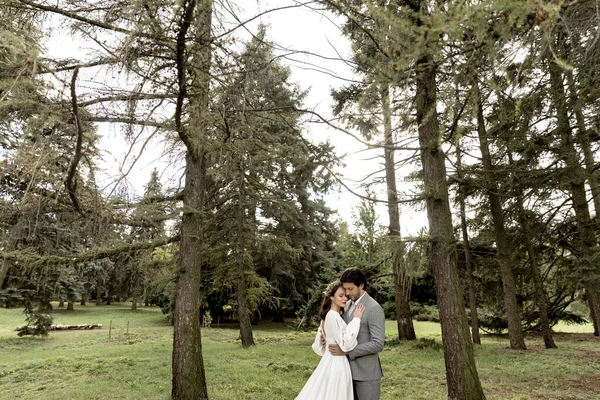 Young beautiful wedding couple hugging in the forest. Lovely couple, bride and groom posing, lifestyle — Foto de Stock