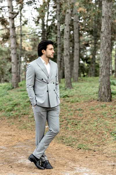 Gri takım elbiseli yakışıklı ve başarılı bir adam ormanın arka planında duruyor. Yüksek kalite fotoğraf