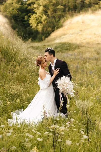 Wedding Couple Newlyweds Tenderly Hug Kiss Background Hills High Quality — Stock Photo, Image