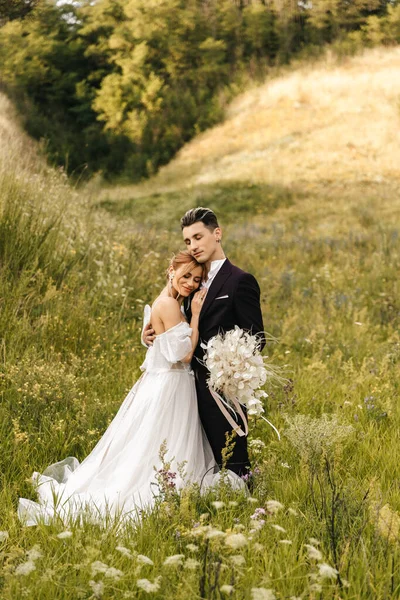 Junges Hochzeitspaar Umarmt Sich Vor Dem Hintergrund Der Hügel Hochwertiges — Stockfoto