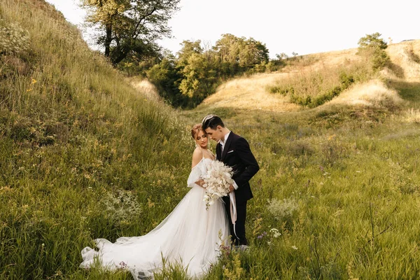 Casal Recém Casado Elegante Amor Conjunto Natureza Foto Alta Qualidade — Fotografia de Stock