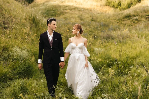 Doğada el ele tutuşarak yürüyen iki yeni evli güzel çift. Yüksek kalite fotoğraf