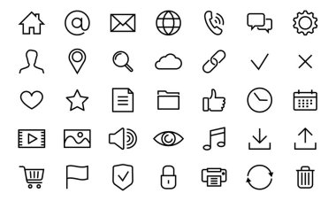 Web iletişim sembolü seti Telefon, e-posta, konum, ev, dünya, adres, sohbet. vektör çizgisi simgesi işi