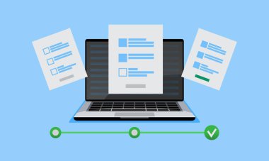 Dizüstü bilgisayar kontrol listesi ekranda. Sınav formu. Anket test araştırması konsepti. Ekran ekranı kontrol işareti. Seçim, araştırma kavramları. tasarım grafik ögeleri Vektör düz illüstrasyon