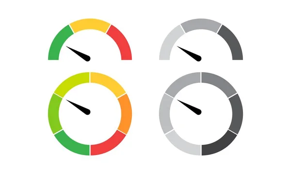 Misuratore di scala, indicatore, test, valutazione di livello, misurazione da bassa a alta, da lenta a veloce, da rossa a verde, di emozioni, progresso. Opzioni infografiche con icona vettoriale piatta con puntatore — Vettoriale Stock