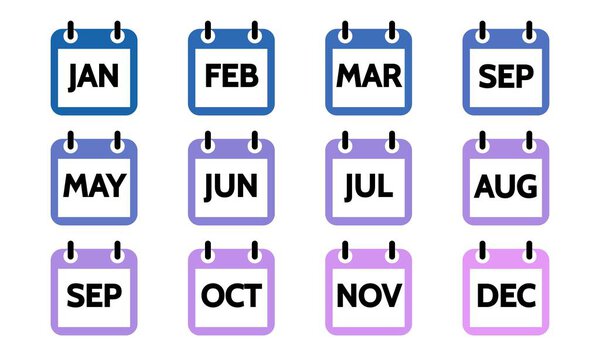 calendar 12 month icon set, color signs for all months of the year. Flat design isolated Vector Illustration