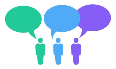 Takım ikonu, konuşma balonu. Bir grup insan sembolü. Kalabalık tabelaları. İnsanların bilgi grafikleri tasarımı, iletişim, uygulama, UI. Vektör illüstrasyonu izole edilmiş düz biçim