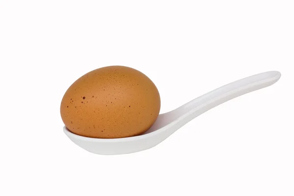 Brown egg in the spoon isolated on white — Stock Photo, Image