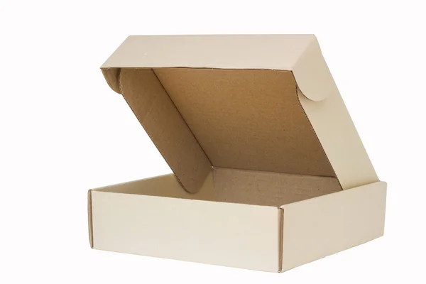 Cardboard box with flip open lid, lid open, isolated on white. — Stock Photo, Image