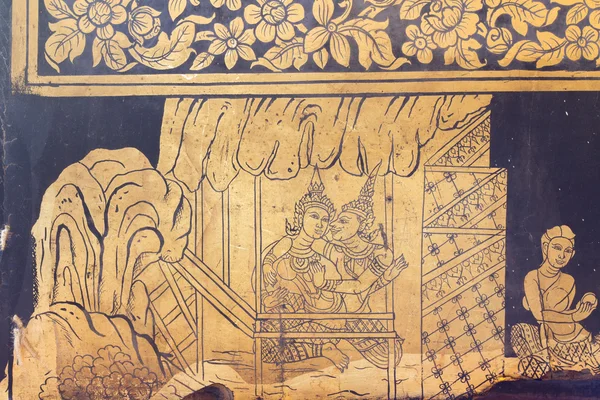 Arte tailandesa tradicional de pintura na parede antiga do templo tailandês , — Fotografia de Stock