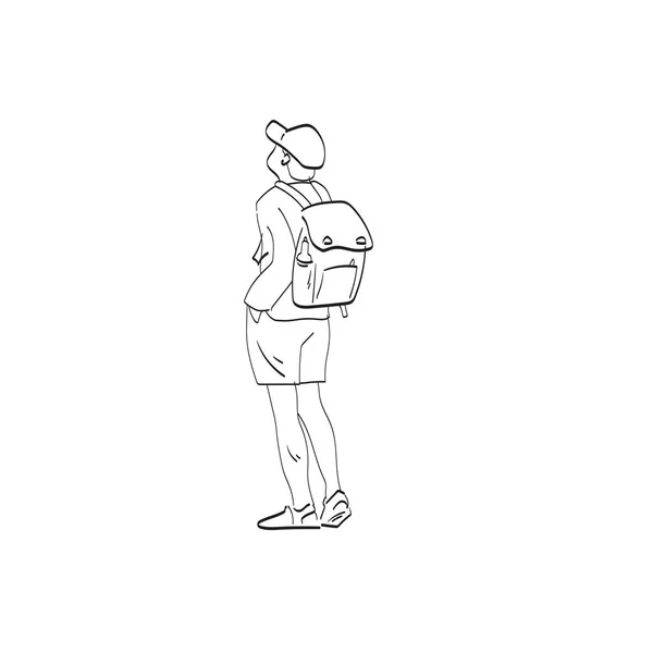 Vue Dos Jeune Voyageur Mâle Portant Une Casquette Avec Sac — Image vectorielle