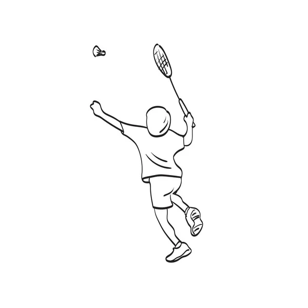 Line Art Junge Spielt Badminton Mit Federball Illustration Vektor Isoliert — Stockvektor