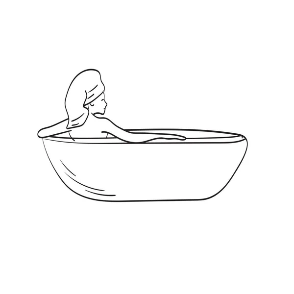 Joven Mujer Tomando Baño Ilustración Vector Aislado Blanco Fondo Línea — Vector de stock