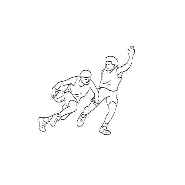 Línea Arte Dos Jugadores Baloncesto Acción Ilustración Vector Aislado Sobre — Archivo Imágenes Vectoriales