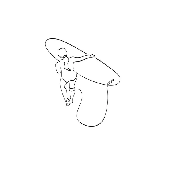 Linka Umění Žena Chůze Pláži Nesoucí Surfovací Ilustrační Vektor Izolované — Stockový vektor