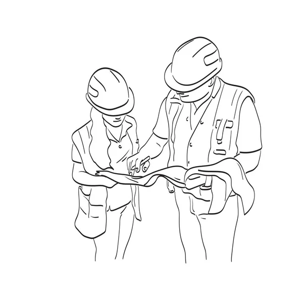 Dois Trabalhadores Construção Civil Com Chapéu Duro Olhando Sobre Plantas — Vetor de Stock