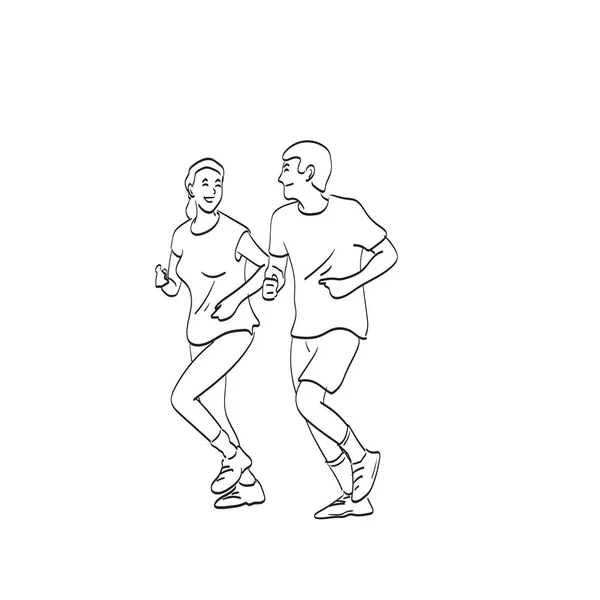 Ejercicio Correr Pareja Jogging Ilustración Vector Aislado Blanco Fondo Línea — Vector de stock