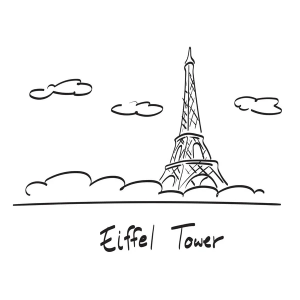 Linea Arte Torre Eiffel Con Cielo Nuvole Illustrazione Vettore Isolato — Vettoriale Stock