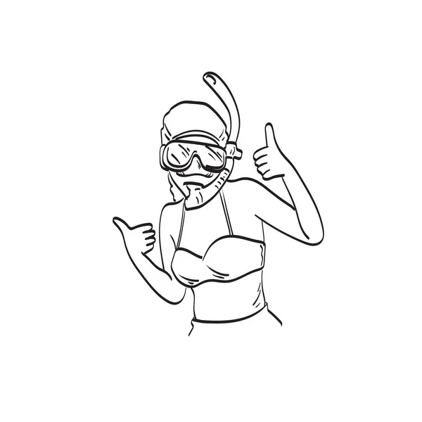 头戴保护性游泳面罩的妇女 有大拇指向上的标志说明载体 在白色的背景线条艺术上被隔离 — 图库矢量图片