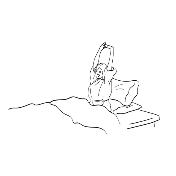 Лінія Мистецтва Жінка Розтягується Ліжку Піднятими Руками Ілюстраціями Вектор Ізольовано — стоковий вектор
