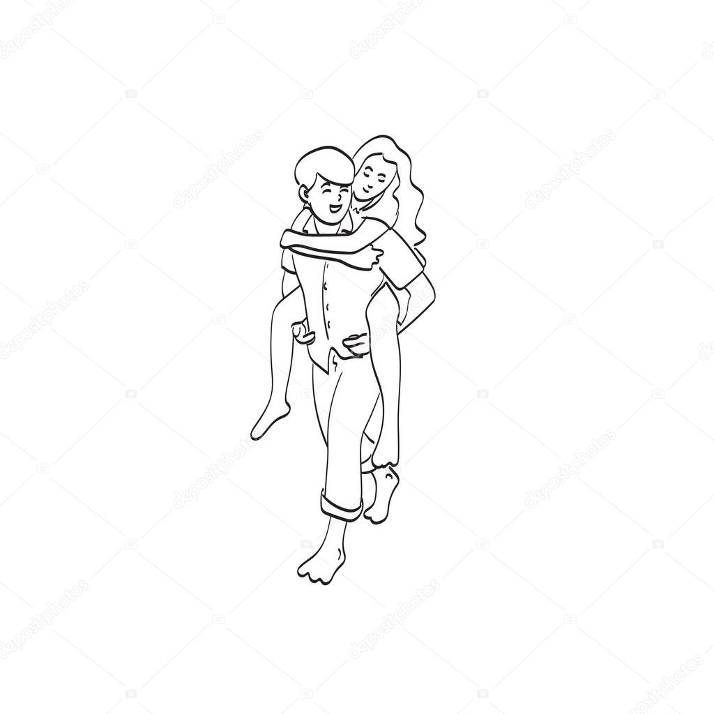 line art boyfriend is piggy backing his cute lover on the beach illustration vector isolated on white background
