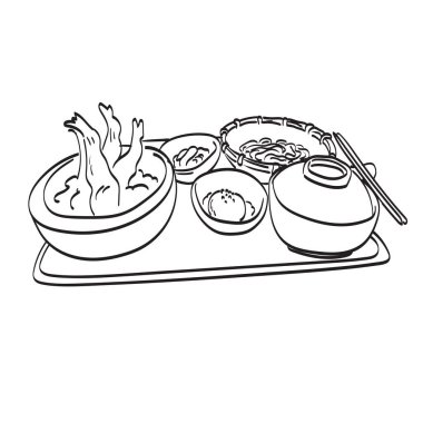 Beyaz arkaplan çizgisi üzerinde izole edilmiş tempura illüstrasyon vektörlü Japon yemeği.