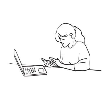 Beyaz arka planda izole edilmiş ofis resimleme vektöründe dizüstü bilgisayarı olan akıllı telefon kullanan sanat işkadını. 