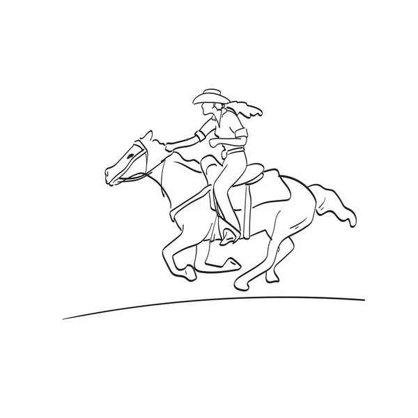 Cowgirl Ridning Hästryggen Kör Illustration Vektor Isolerad Vit Bakgrund Linje — Stock vektor