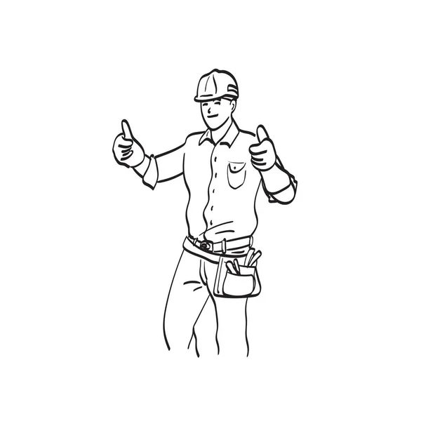 成功的男工 戴着硬礼帽 竖起大拇指 手签图解向量 在白底线条艺术中被分离出来 — 图库矢量图片