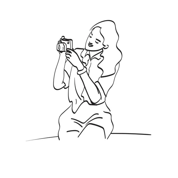 Jeune Femme Avec Caméra Compact Illustration Vecteur Isolé Sur Fond — Image vectorielle