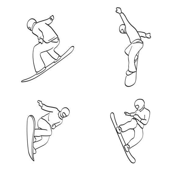 Lijn Kunst Set Van Snowboarder Actie Illustratie Vector Geïsoleerd Witte — Stockvector