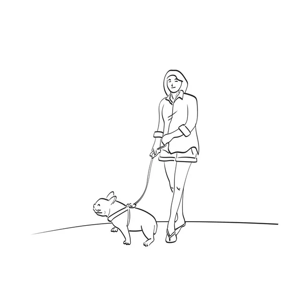 Mujer Con Bulldog Ilustración Vector Aislado Blanco Fondo Línea Arte — Vector de stock