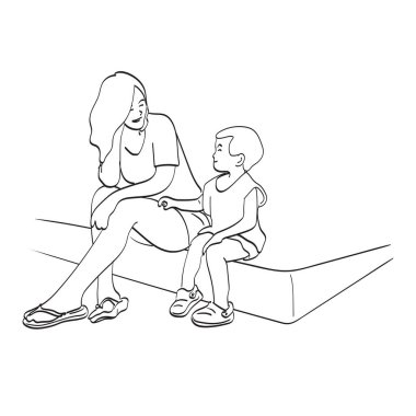 Çizgi sanatı gülümseyen anne ve oğlu beyaz arka planda izole edilmiş yaya yolu çizim vektöründe oturuyorlar. 